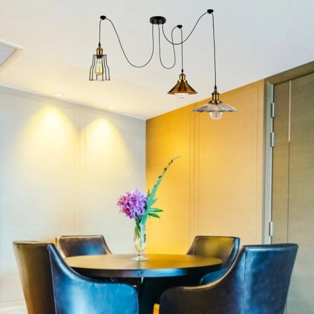 Vintage ceiling spider light with metal frames, colorful shades, hanging from adjustable 200cm cord.