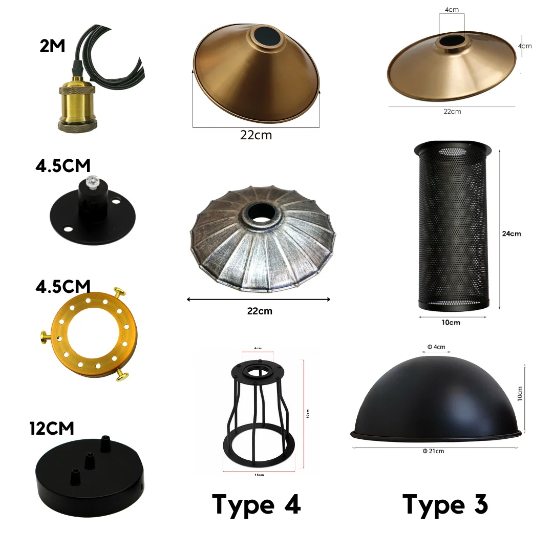Retro pendant lighting with 3 metal spider‑style heads in black, yellow brass, and brushed copper, hanging on adjustable wire