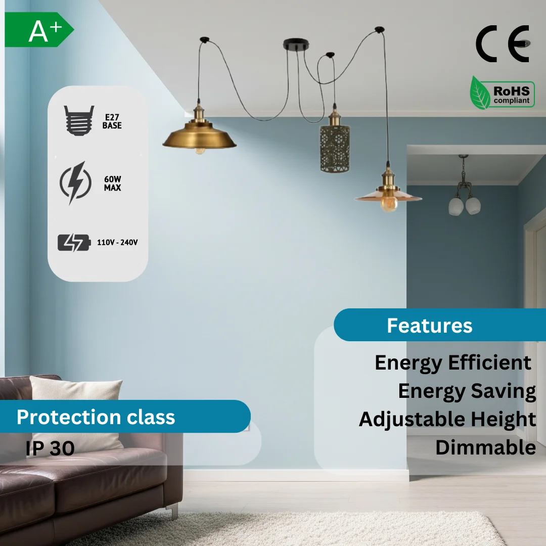 Adjustable hanging ceiling light with spider‑shaped metal body, black and yellow brass shades, 200cm adjustable cord
