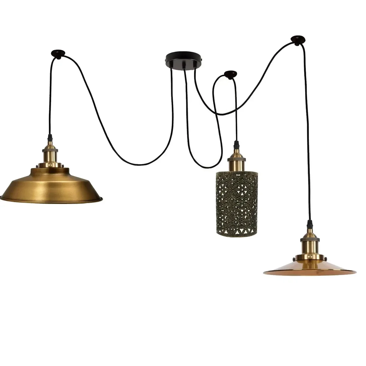 Multi-shade hanging light spider lamp with black, yellow brass, brushed copper shades, adjustable 200cm wires, soft textured metal body.