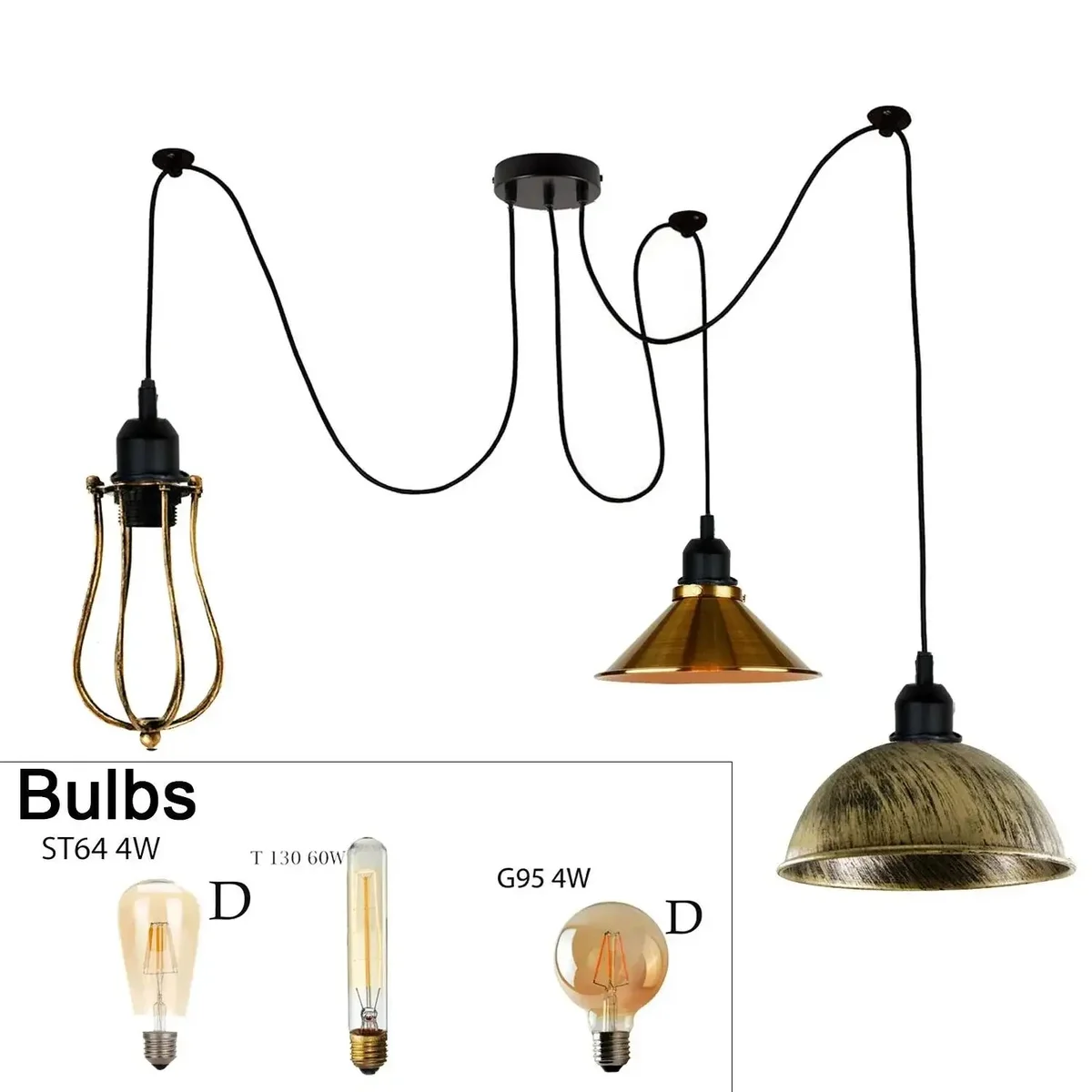 Vintage ceiling spider light in black, yellow brass, and brushed copper with multiple coloured shades on each arm