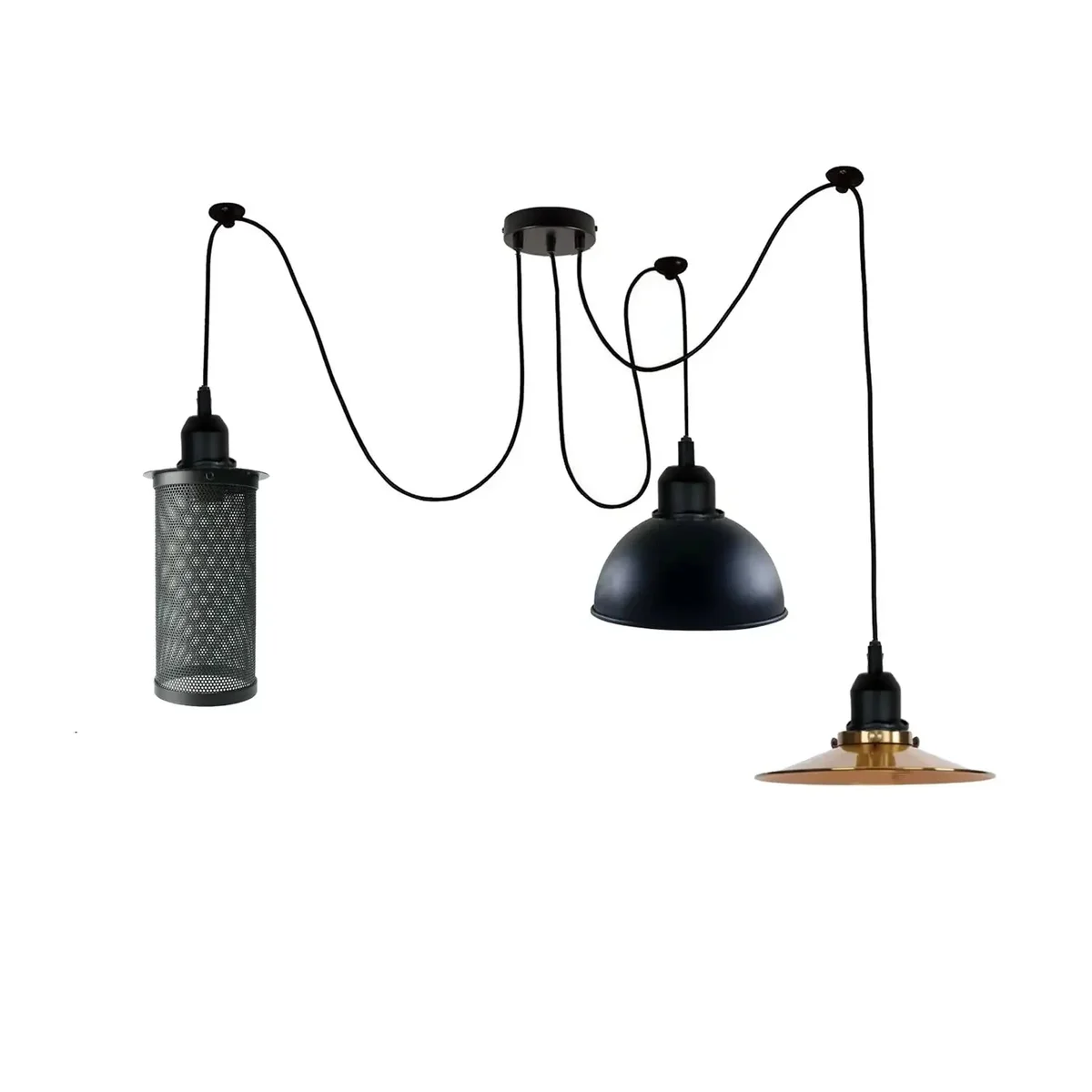 Vintage ceiling spider light with three coloured heads in black, yellow brass and brushed copper, adjustable hanging wires