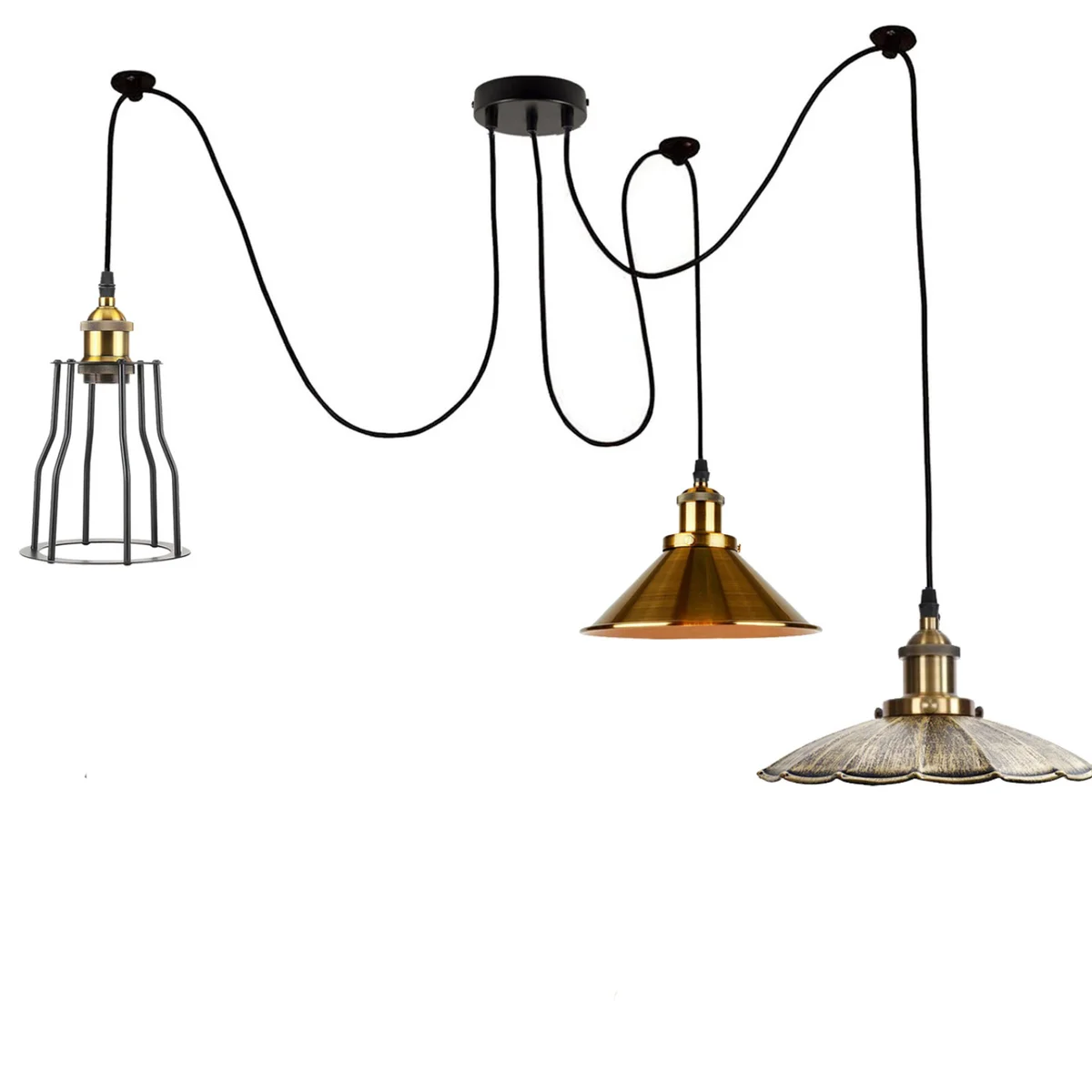 Vintage ceiling spider light in black, yellow brass and brushed copper shades, metal frame with adjustable 200cm wires.