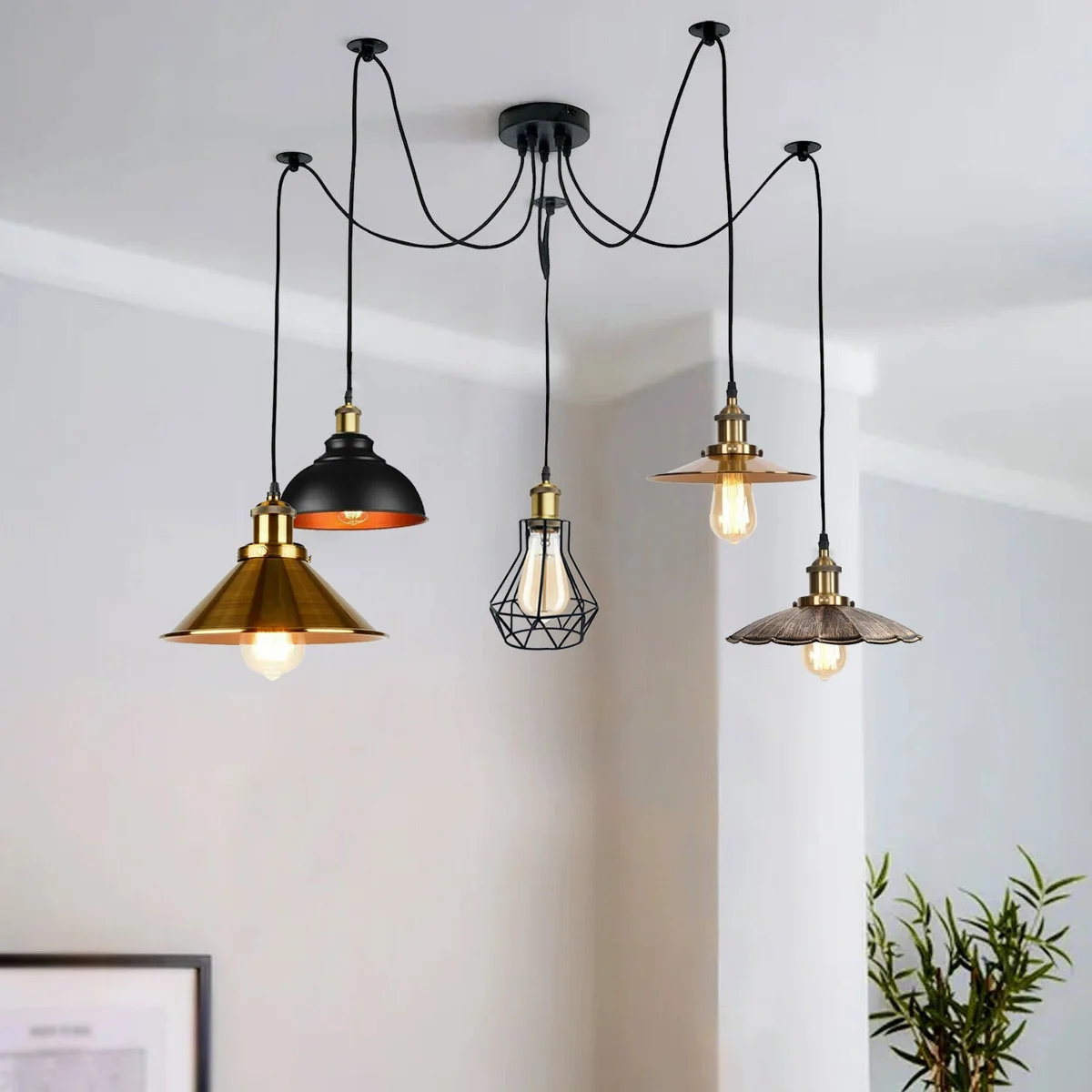 modern spider ceiling light with metal arms and multiple shades, hanging with 200 cm PVC cable
