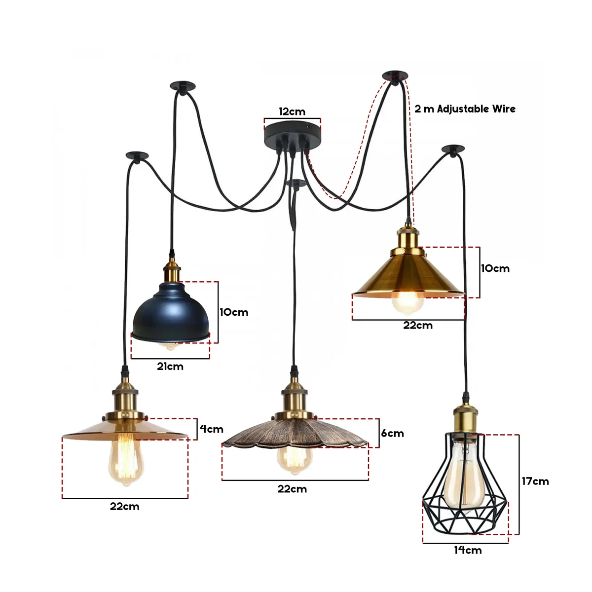 Modern multi arm ceiling light with metal spider arms, PVC cable, multiple shades, E27 base, hanging from ceiling.