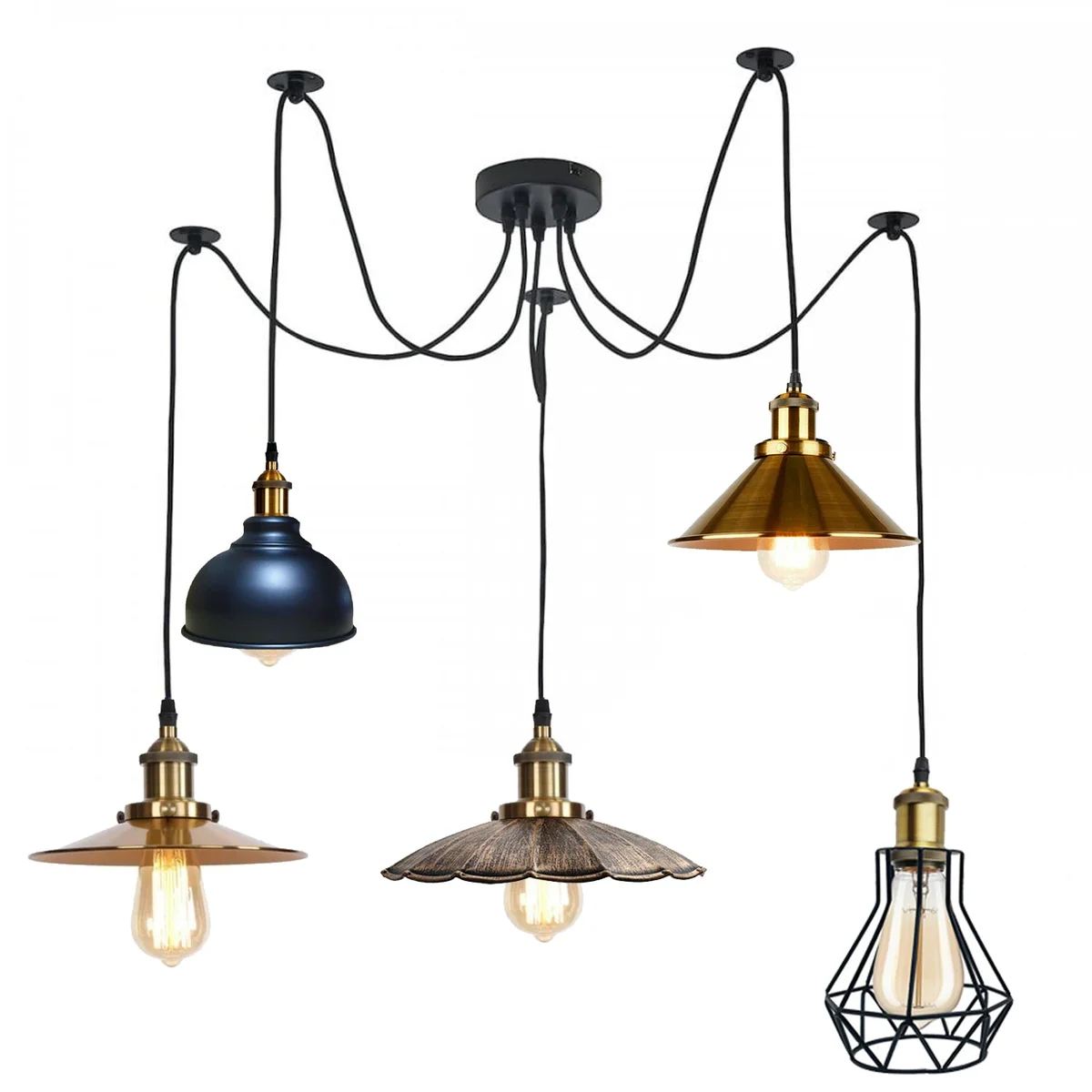 Vintage style pendant light hanging from a metal spider frame, each arm has a different shade tip, warm 2500‑3000 K light.