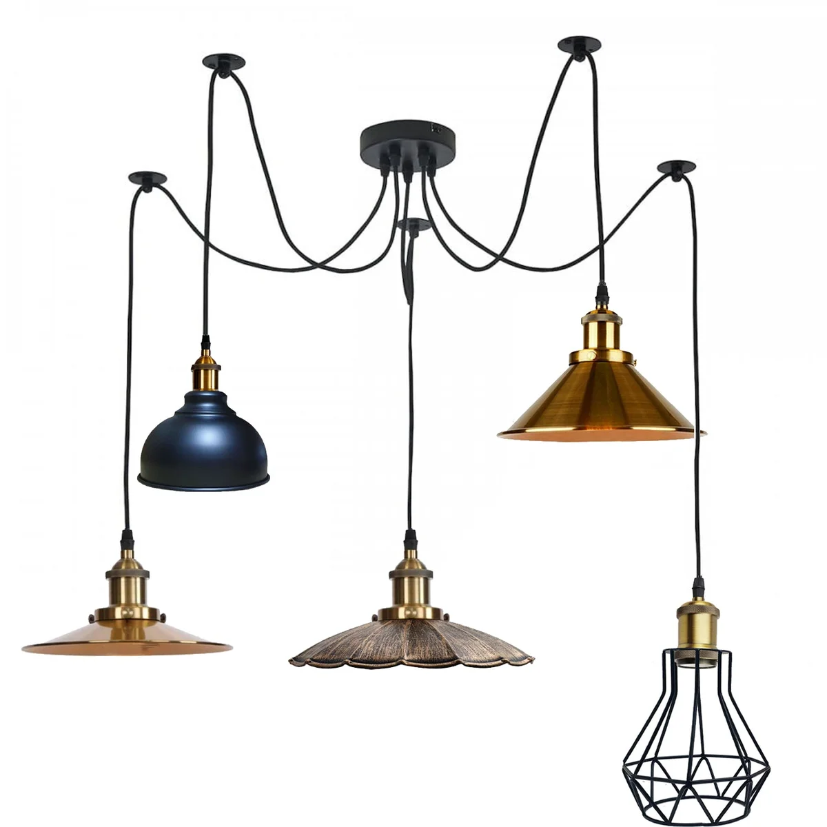 Metal spider-themed ceiling lamp with multiple coloured shades, warm white bulbs, hanging wires, suitable for living rooms.