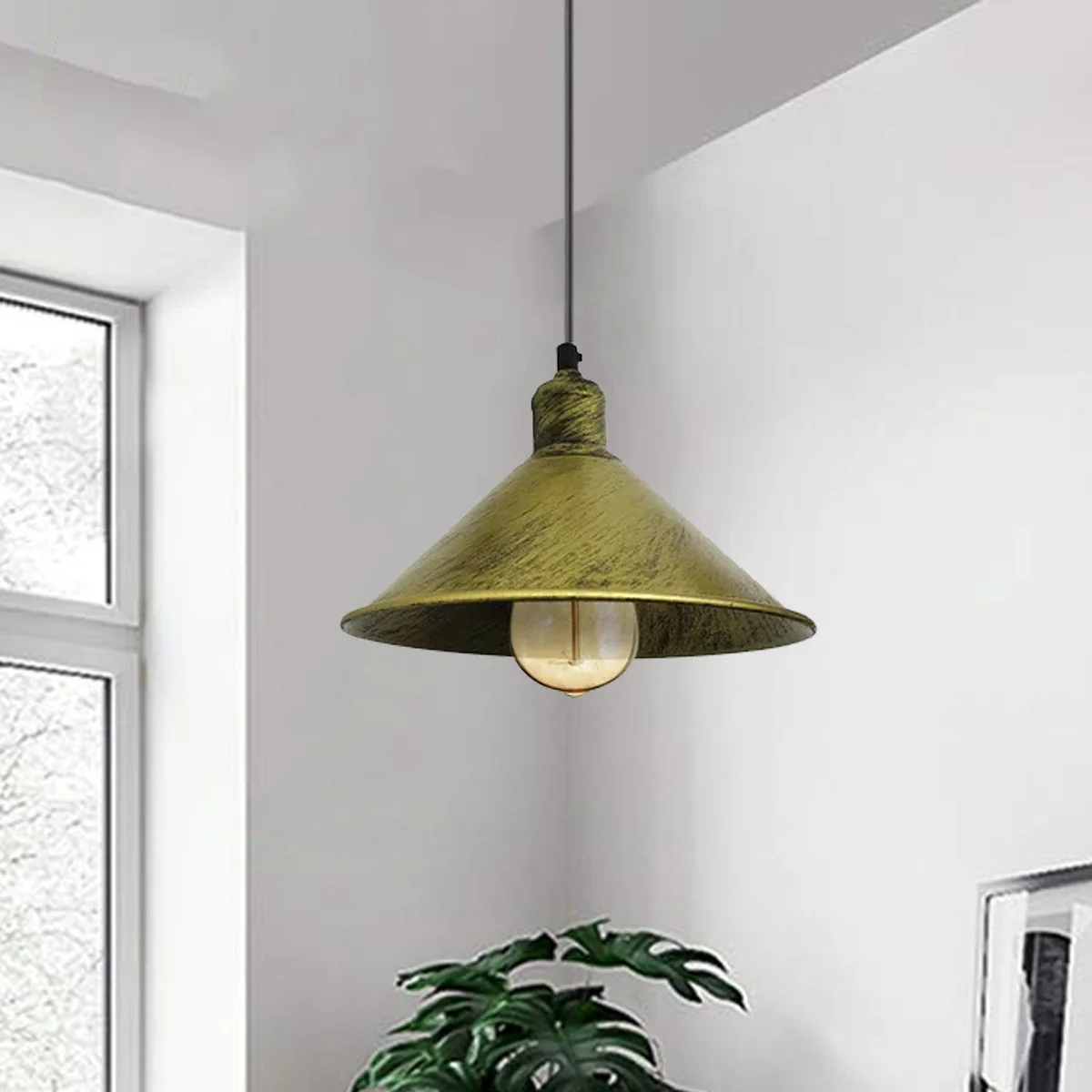 Vintage pendant light with rustic red metal shade hanging from ceiling canopy, 95cm PVC cable visible.