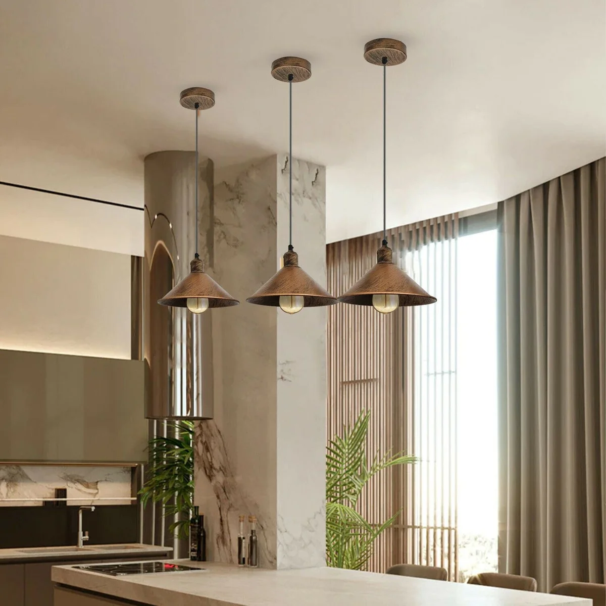 Cord pendant light with rustic red metal shade hanging from a 10cm ceiling canopy, connected by a 95cm PVC cable.