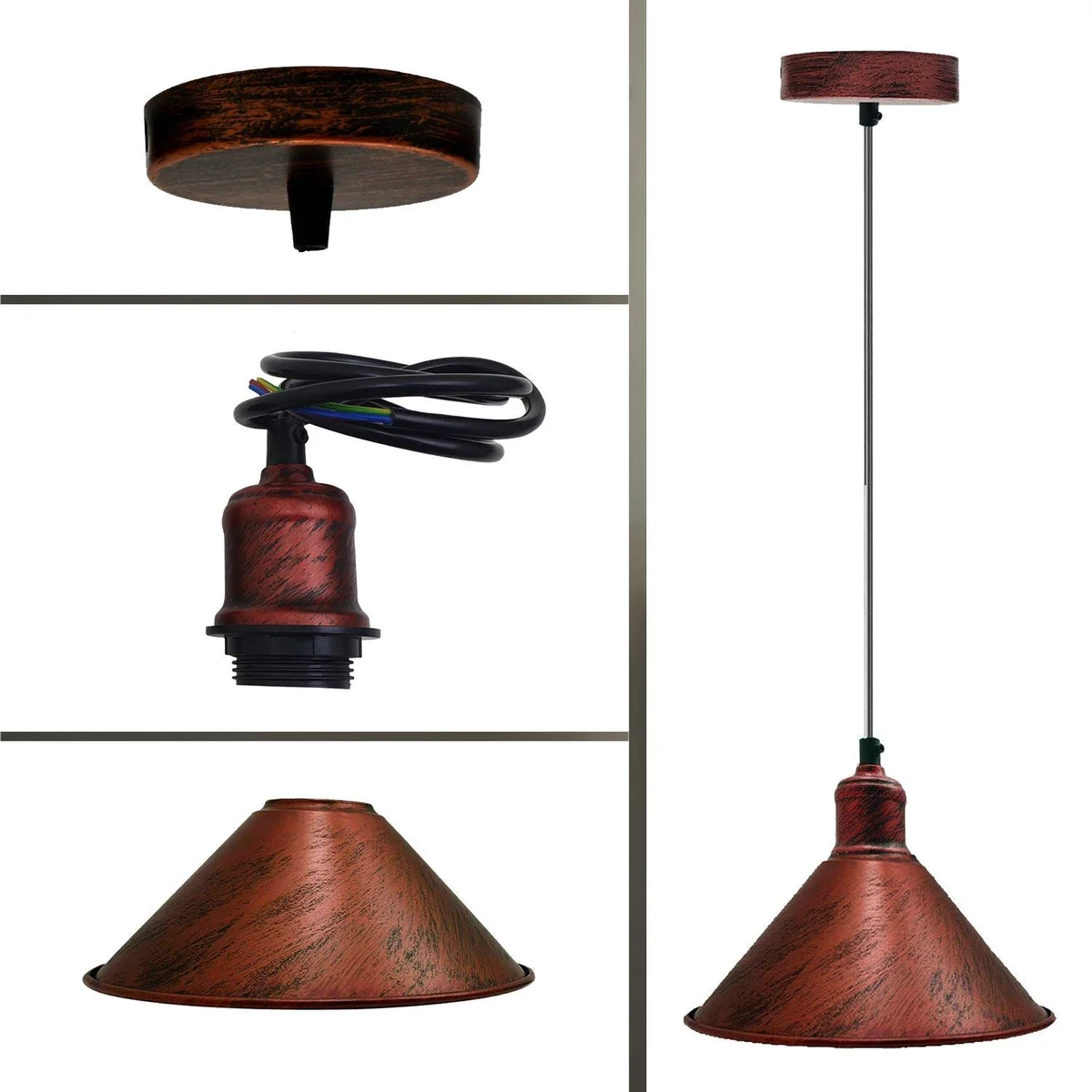 Rustic ceiling light: vintage style hanging pendant with brushed metal shade in brass, copper or silver, corded 95cm