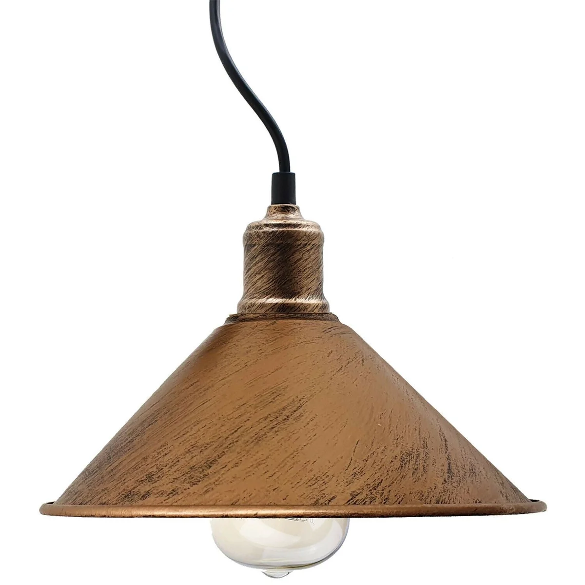 Vintage pendant light with brushed brass shade and rustic red metal base hanging from ceiling, 95cm cord