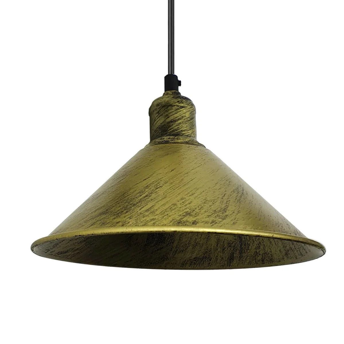 Vintage pendant light with brushed brass shade hanging from a 95 cm PVC cord, metal base.