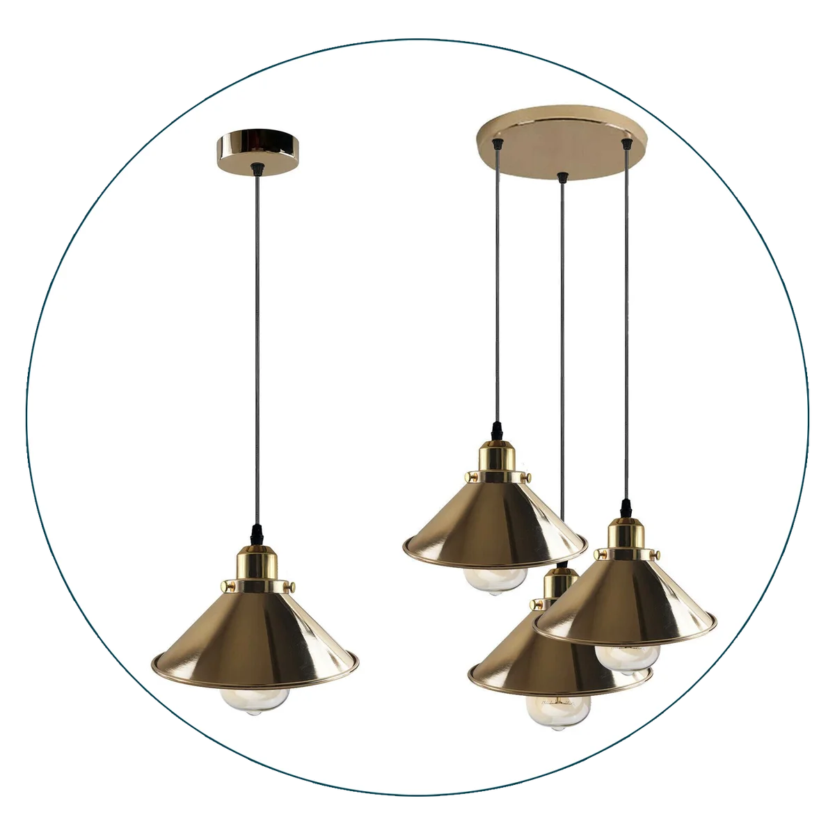 Modern ceiling pendant in French gold metal cone shape, hanging from ceiling with 95cm cable, industrial style.