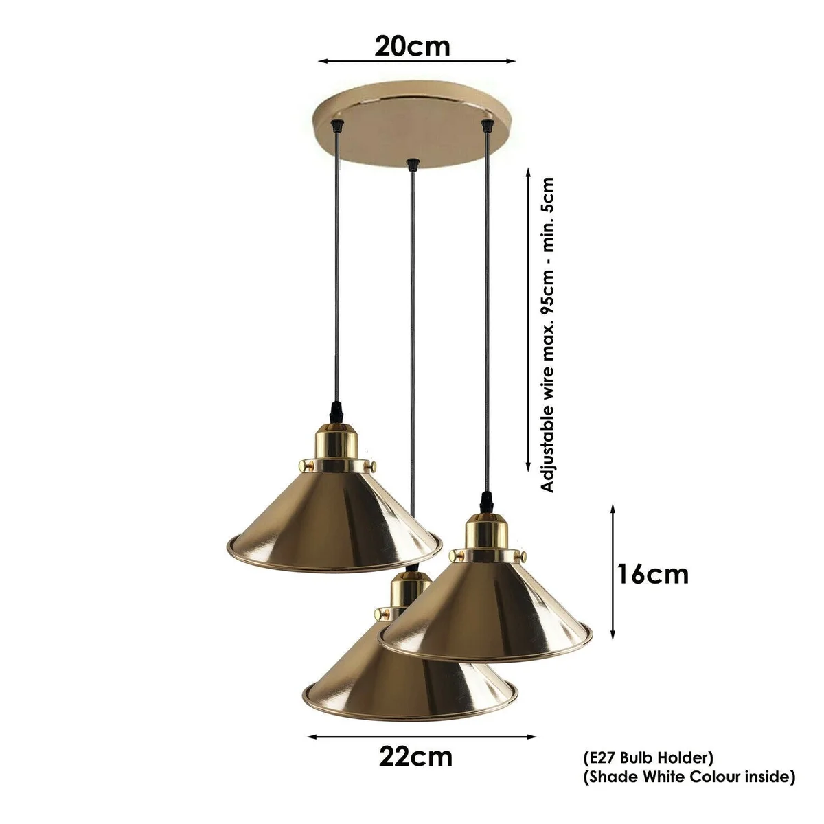 Metal cone pendant light in French Gold with a 95cm PVC cable, hanging from a 20cmx2.5cm ceiling plate, ready for indoor use.