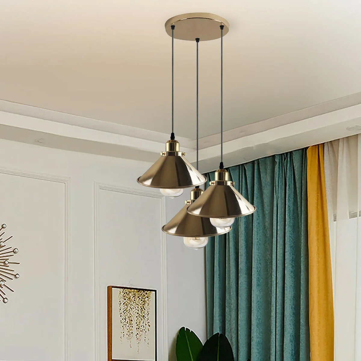 E27 bulb pendant light with French Gold metal cone shade hanging from a 95cm cable, modern industrial style.