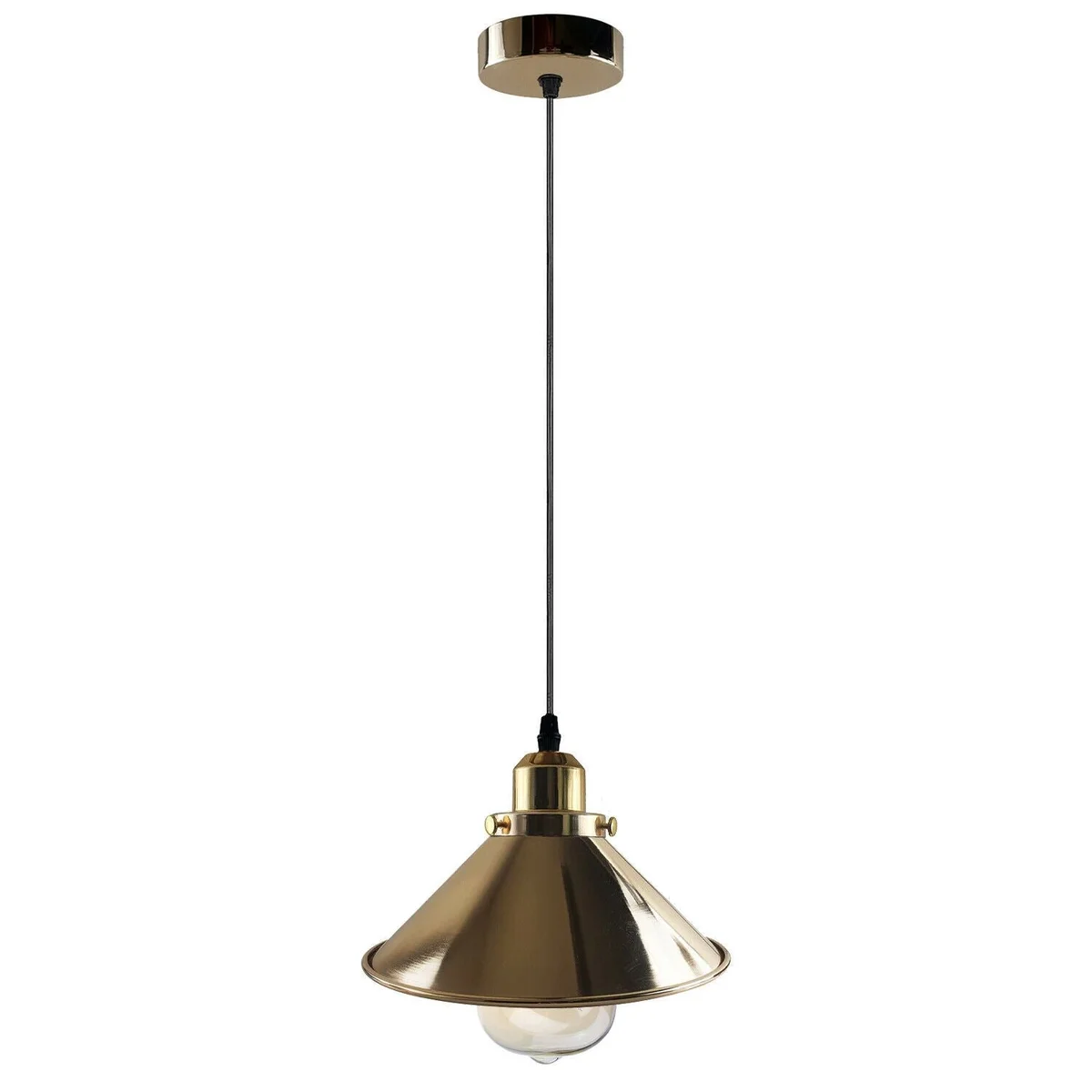 Cord hanging ceiling light featuring a French gold metal cone shade suspended by a 95cm PVC cable.