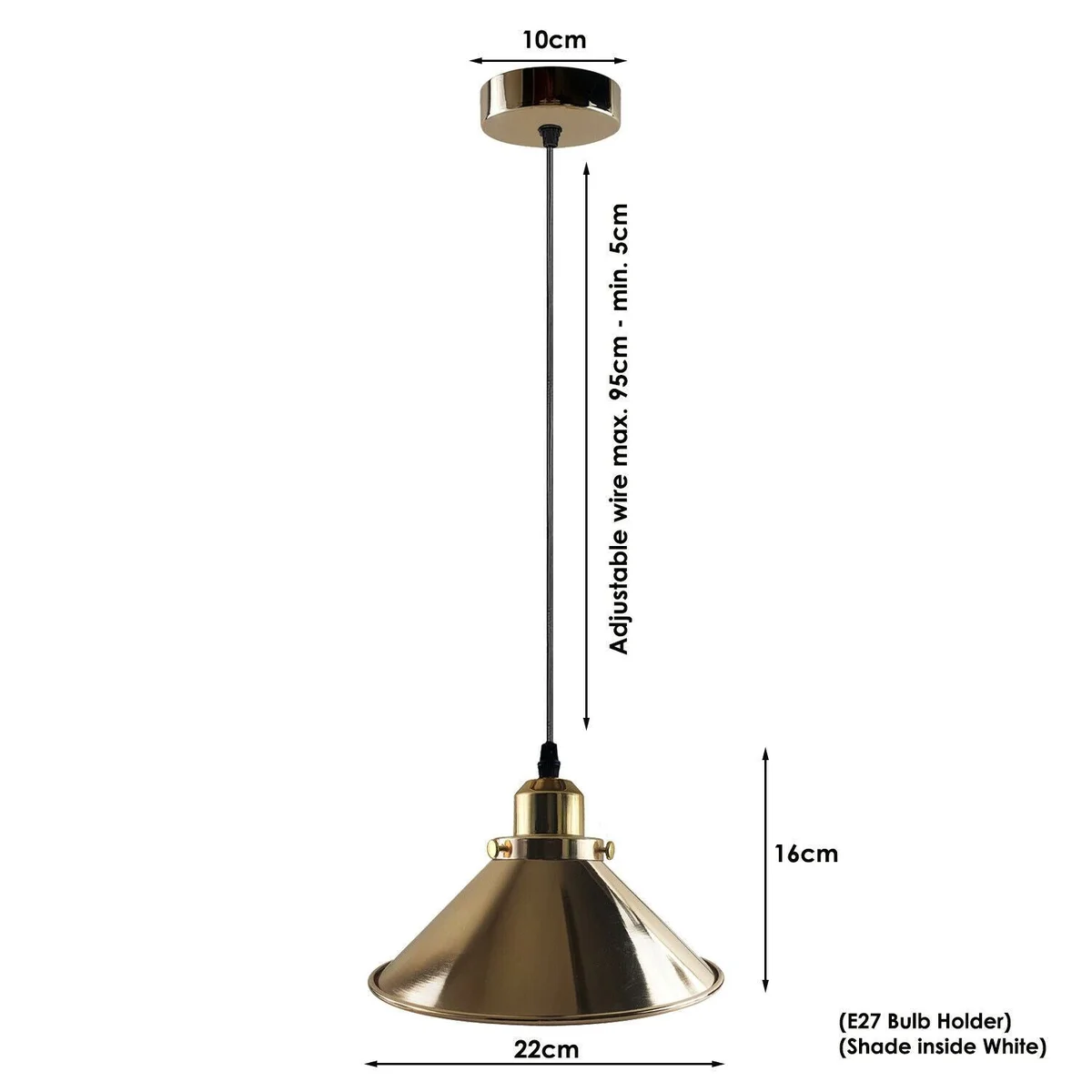 French gold metal cone pendant fixture on a ceiling, corded E27 base, designed for indoor pendant lighting in modern rooms.