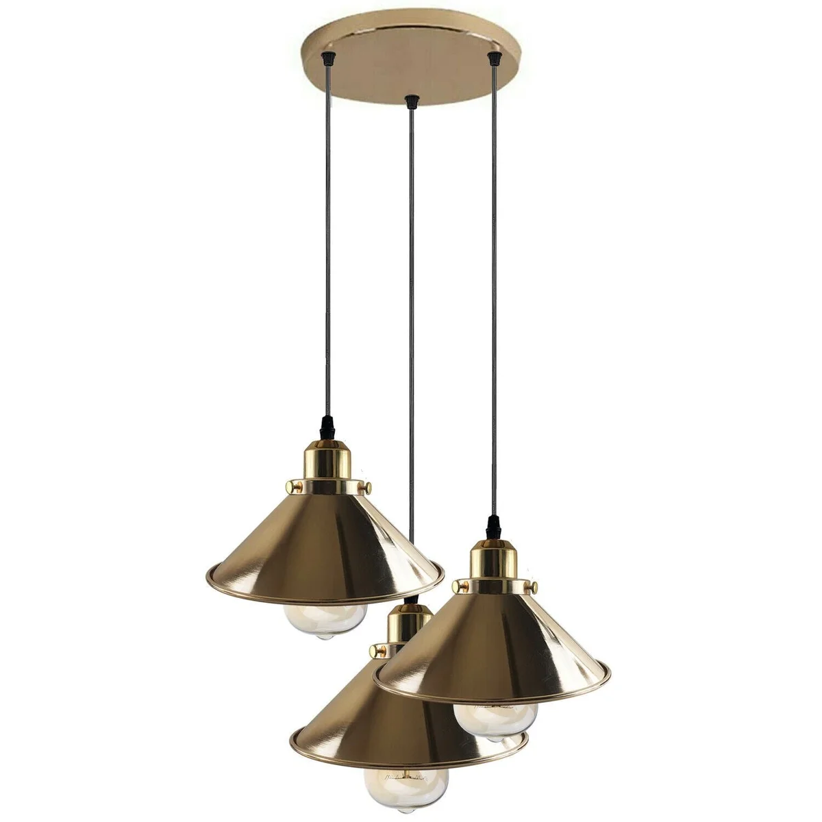 Modern French gold pendant light with metal cone shade hanging from ceiling, E27 socket and 95 cm cable