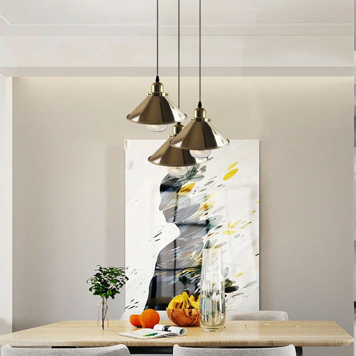 French gold pendant light with metal cone shade hanging from ceiling cord and bracket visible suitable for bedroom or kitchen