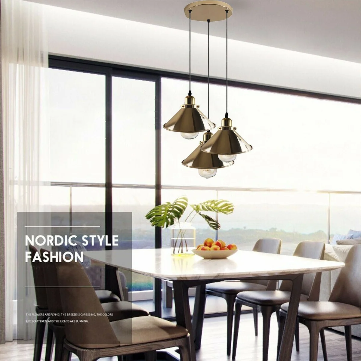French gold pendant light with metal cone shade, hanging from ceiling, 95cm cable, classic modern design