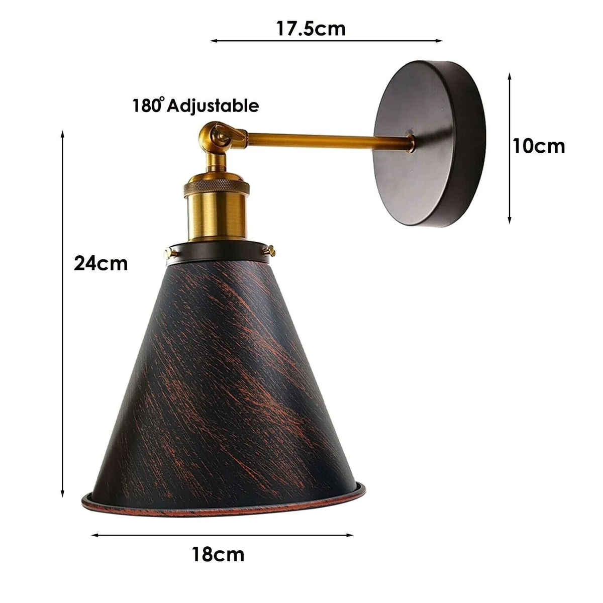 Metal wall light shade in rustic red finish with sans‑cario industrial design, mounted on wall socket, E27 holder shown.