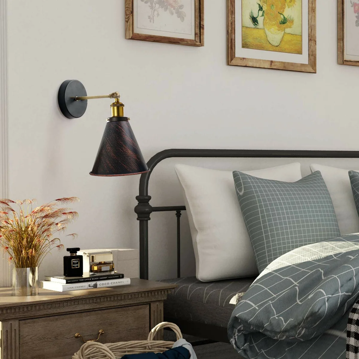 Brushed copper metal E27 wall sconce with simple circular shade, ready to mount on a kitchen wall.
