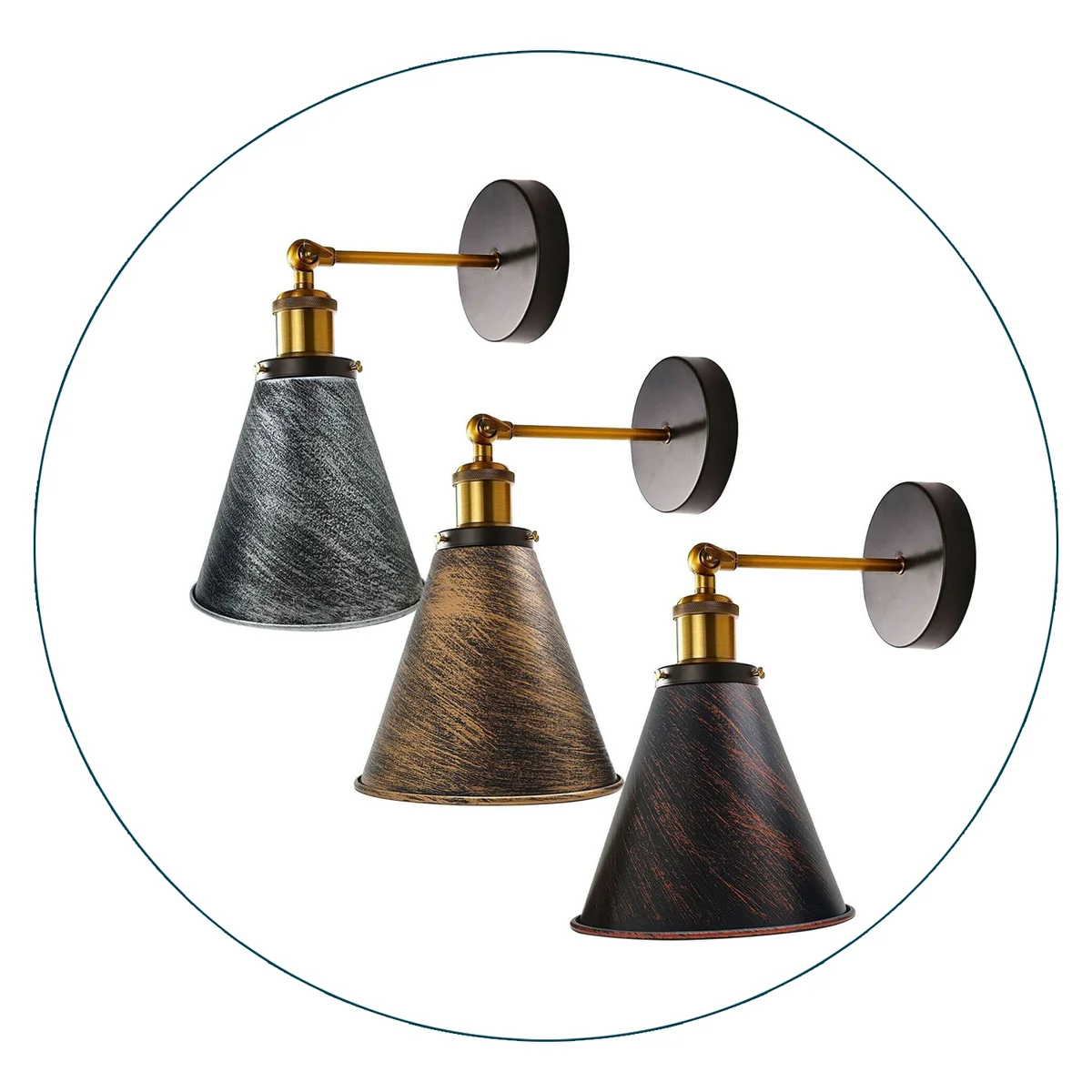 Brass kitchen wall lighting scone with metallic shade in rustic red, fit for wall socket, industrial style