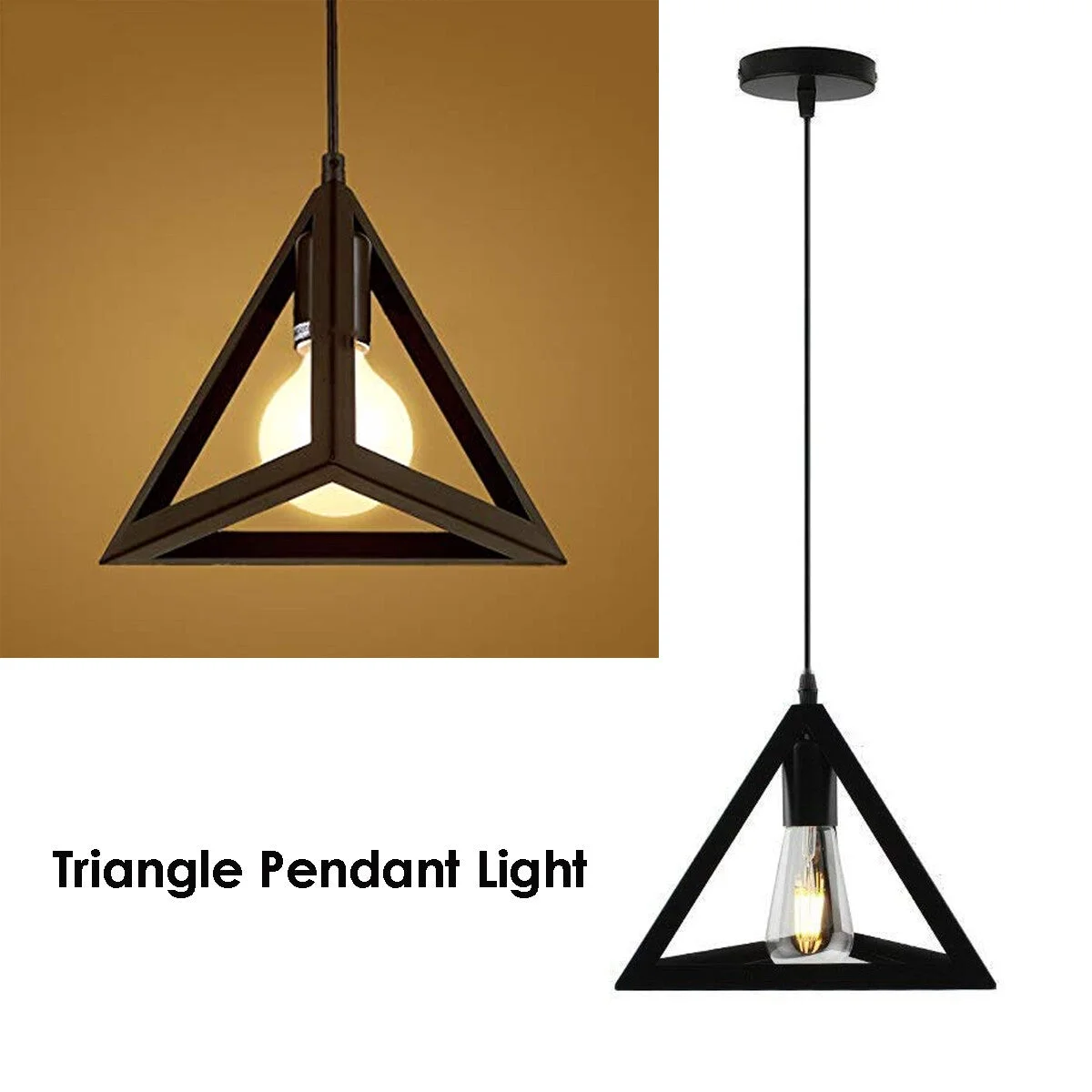 Black wire cage lamp with triangular metal frame, suspended shade, 1m cable, industrial style.