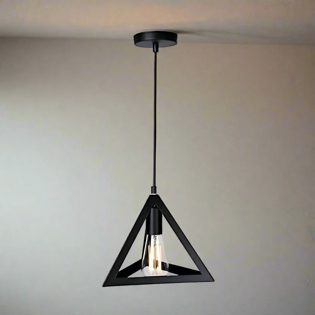 Black metal wire cage industrial pendant light with triangular frame and 1m hanging cable