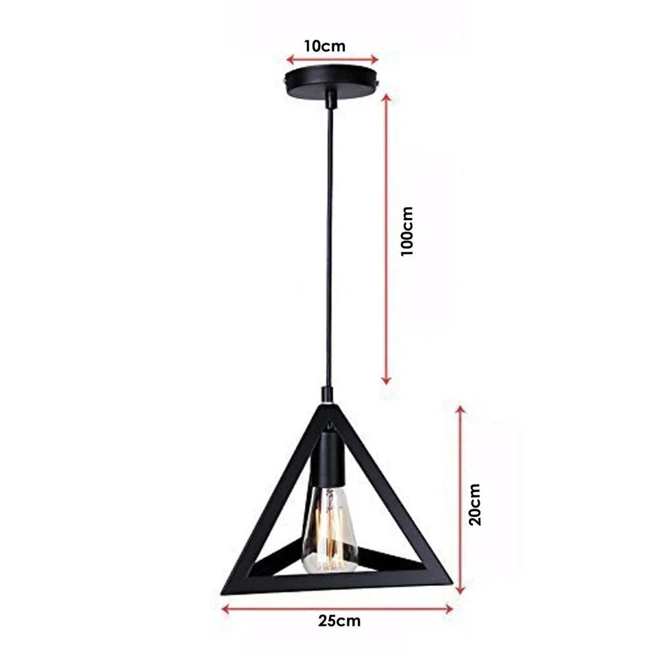 Black metal wire lampshade with triangular cage design, hanging metal frame lamp on 1‑m cord