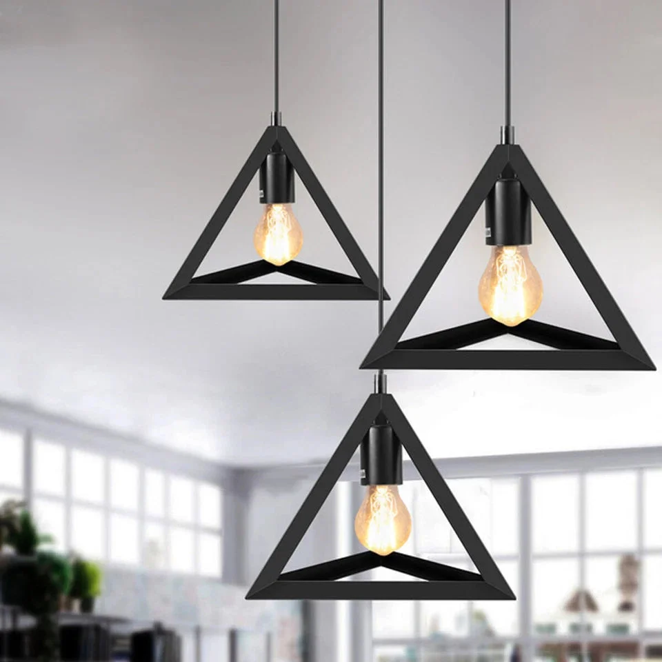 Black metal wire cage lamp shade in triangle shape, hanging from ceiling, modern ceiling lamp style