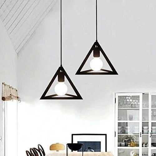 Black wire cage lamp with triangular metal frame hanging from ceiling, featuring a suspended black wire cage shade.