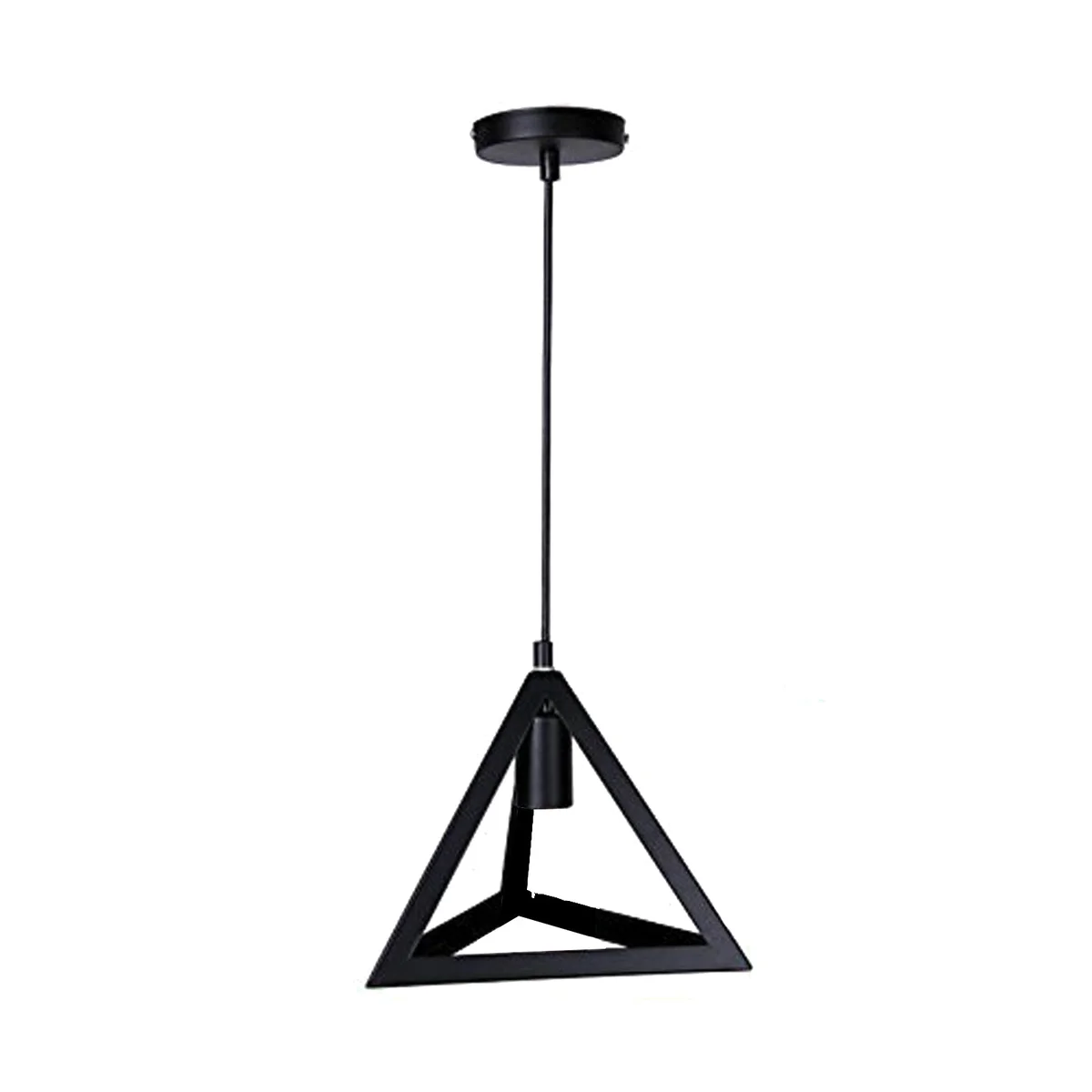 Black wire cage lamp with triangular metal cage frame, 1m hanging cable and E27 holder.