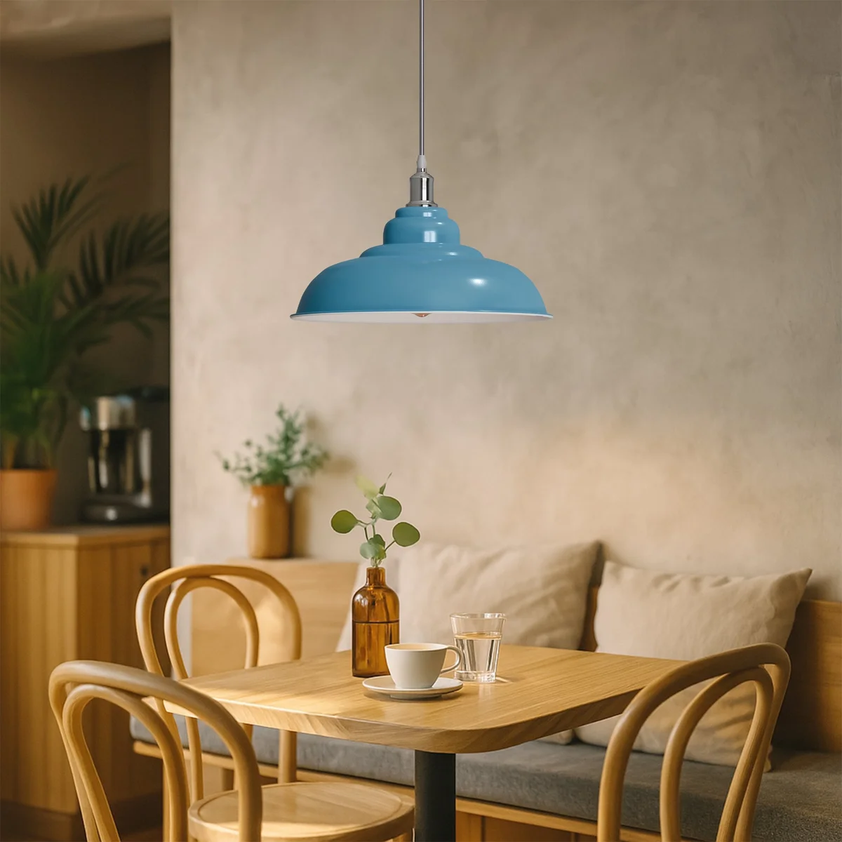 Industrial pendant light with metal frame and PVC shade, 10cm diameter base, 95cm hanging cord