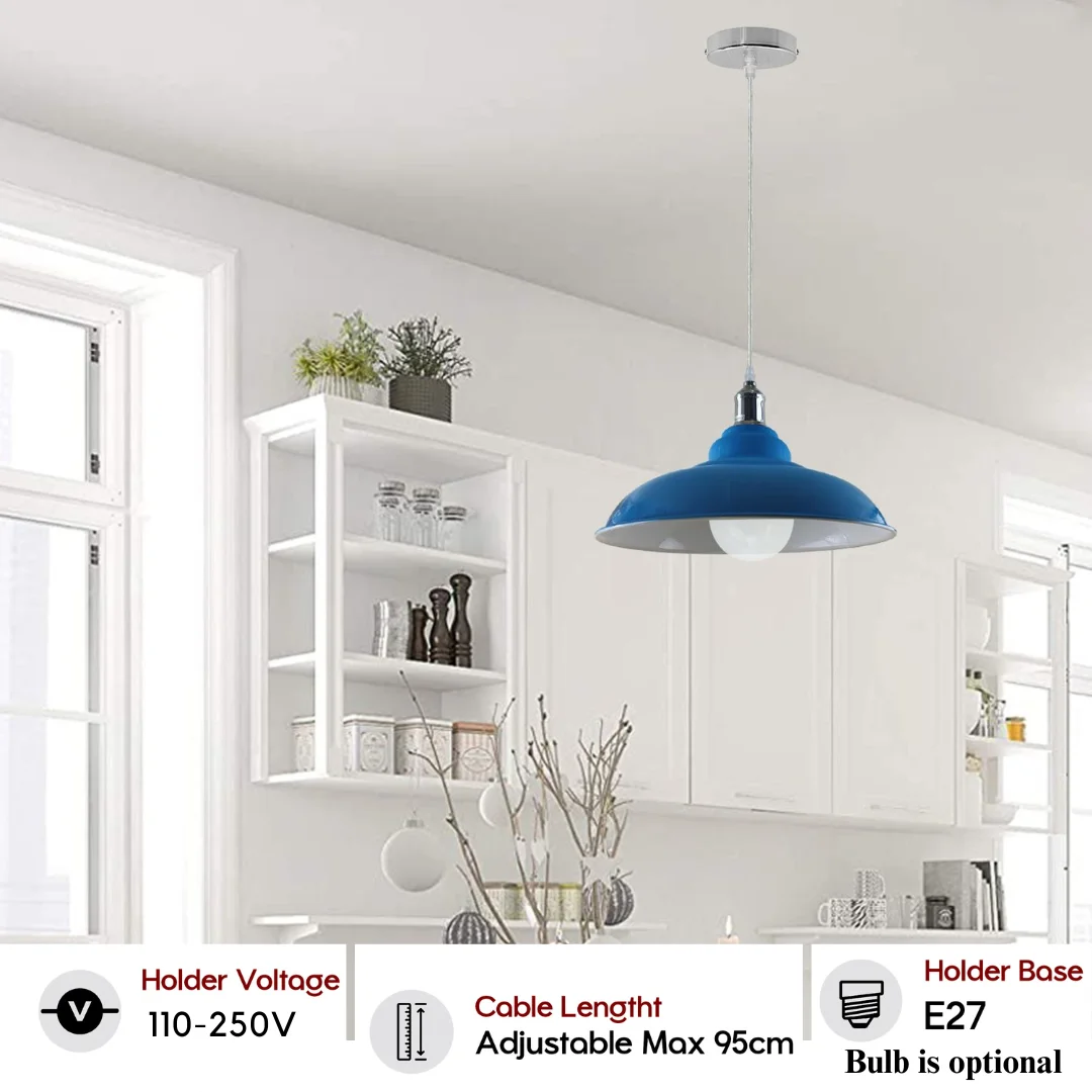 Vintage dome pendant lamp with 10cm shade, 95cm cable, metal base, hanging over kitchen island in grey finish.