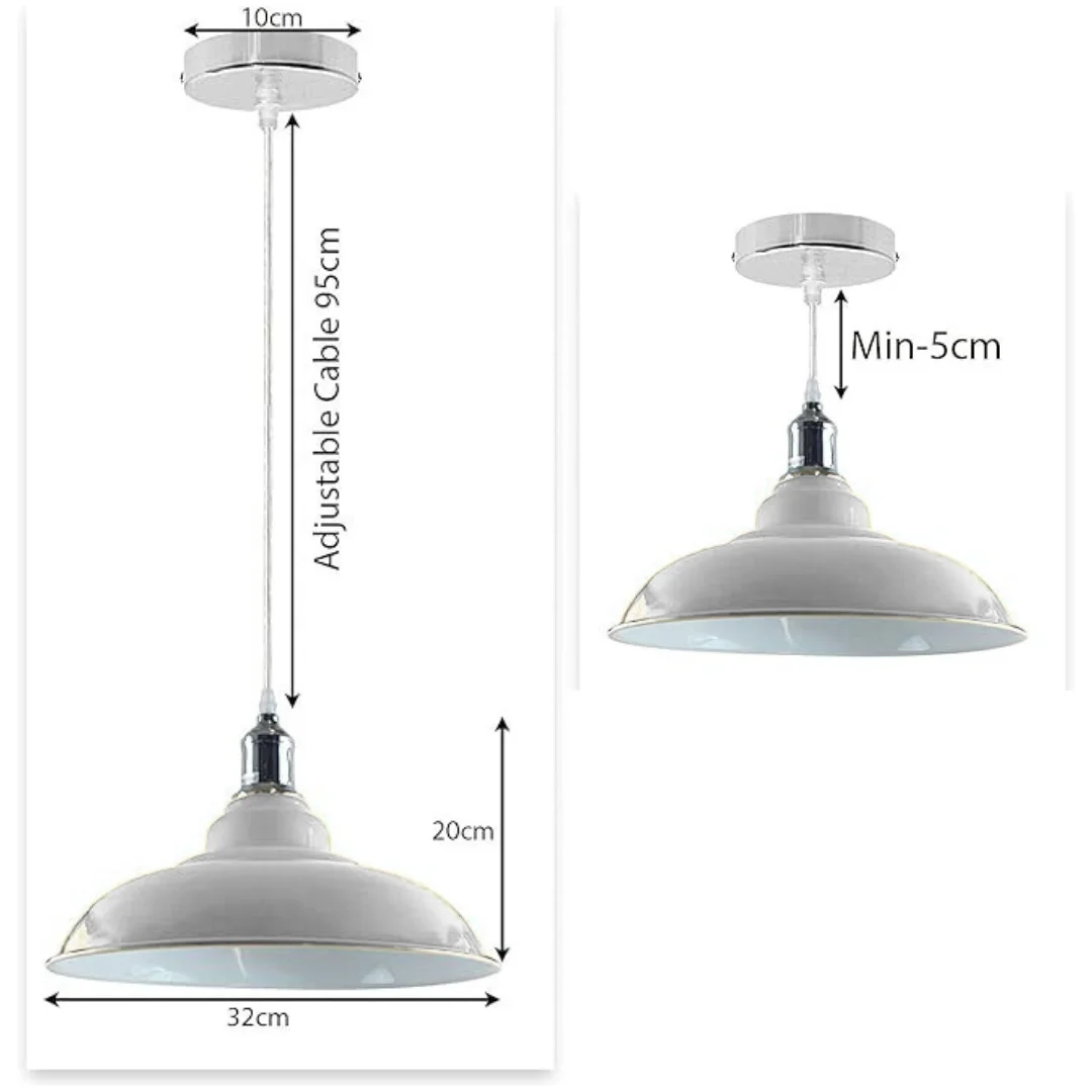 Industrial hanging light with metal base and PVC cable, white dome shade hanging over kitchen island.