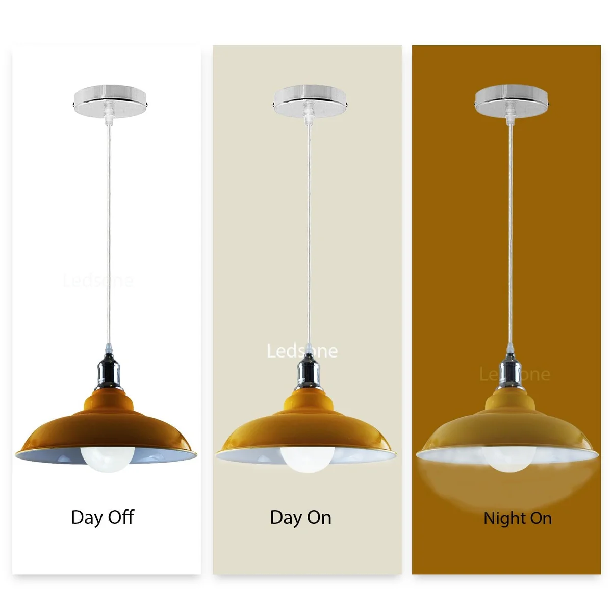 Industrial dome pendant light with metal base and PVC shade hangs over a kitchen island, glow for kitchen island lighting