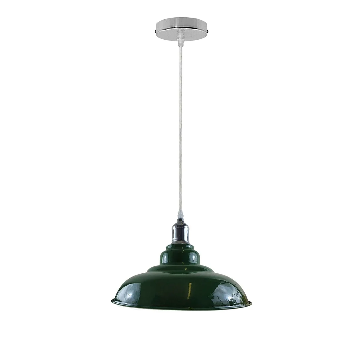 Industrial pendant light with metal dome in grey, hanging from 95cm cable, warm glow on kitchen island