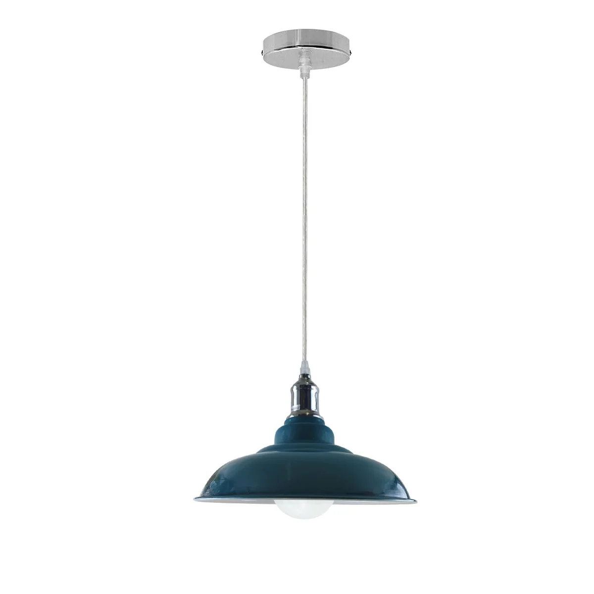 industrial pendant light with dome shade and angled metal base, PVC cable, 10cm diameter, hanging from ceiling