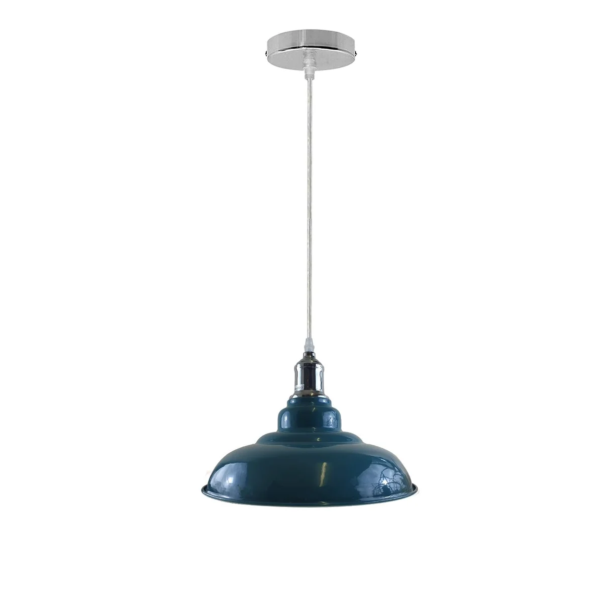 Industrial pendant light hanging from ceiling with metal base and white dome shade, 10cm diameter, 95cm cord
