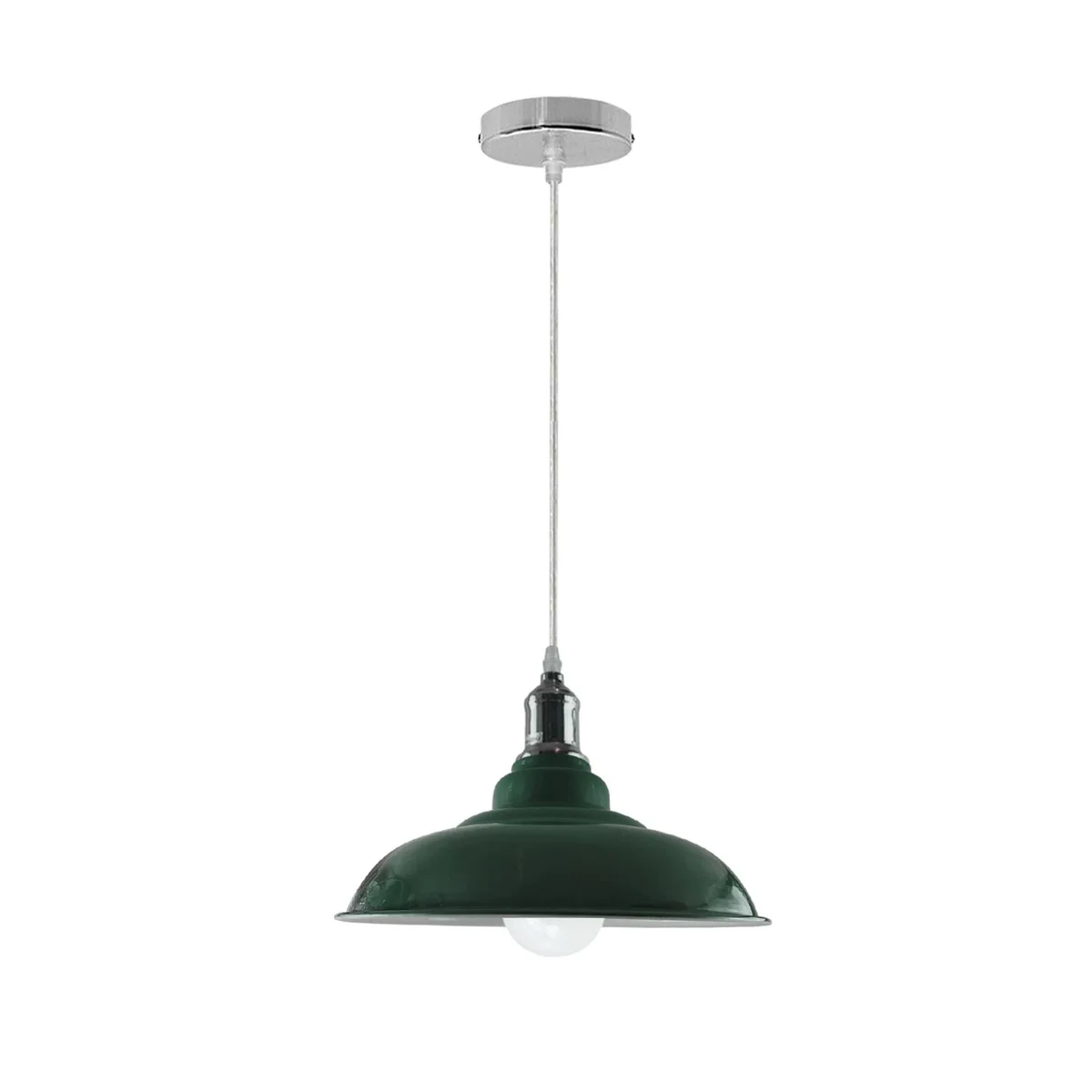 Industrial pendant light, 320mm dome shade, 10cm metal base, white interior, hanging from ceiling, in multiple colours