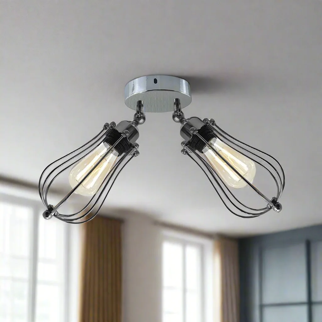 Semi flush ceiling light with rustic metal cage and black gold inner finish, E27 base and recessed shades.
