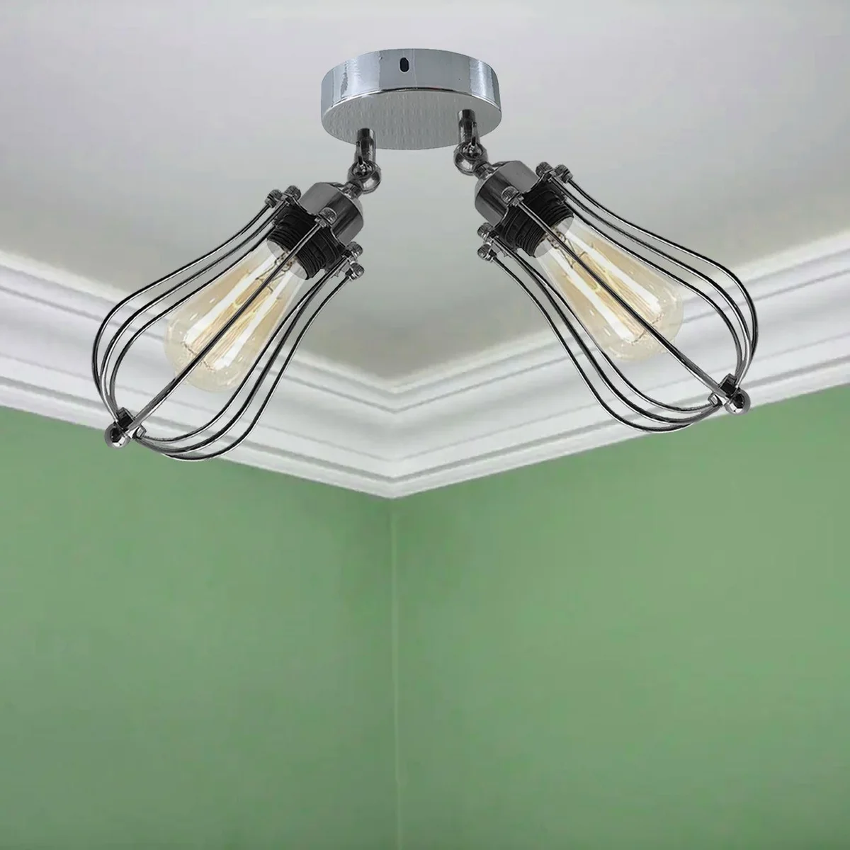 Metal ceiling light with rustic cage and chrome finish, hanging from ceiling, features hidden wire design