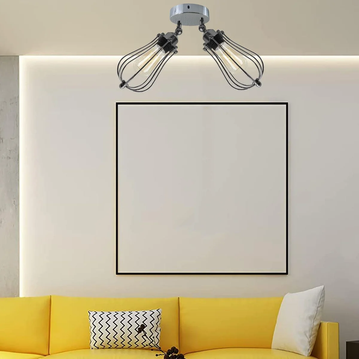 Modern semi flush ceiling light in rustic black and gold, metal cage design, featuring an E27 bulb light