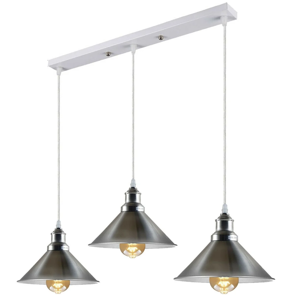 Satin nickel and white 3‑way ceiling pendant light with metal cone shade hanging from a 50cm ceiling plate.