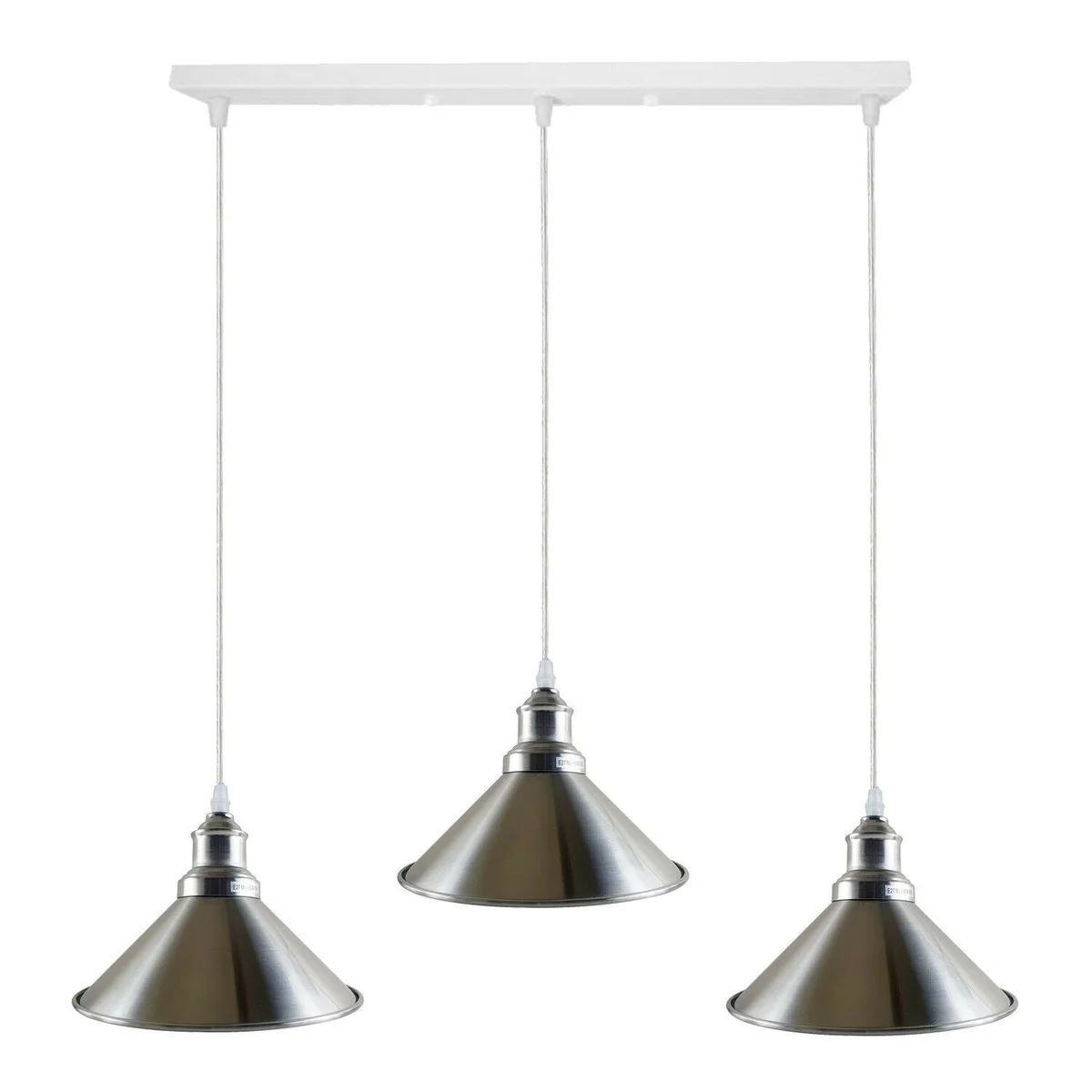Industrial pendant light with metal cone shade in satin nickel and white, 3 light holders, 95cm cable, hanging ceiling
