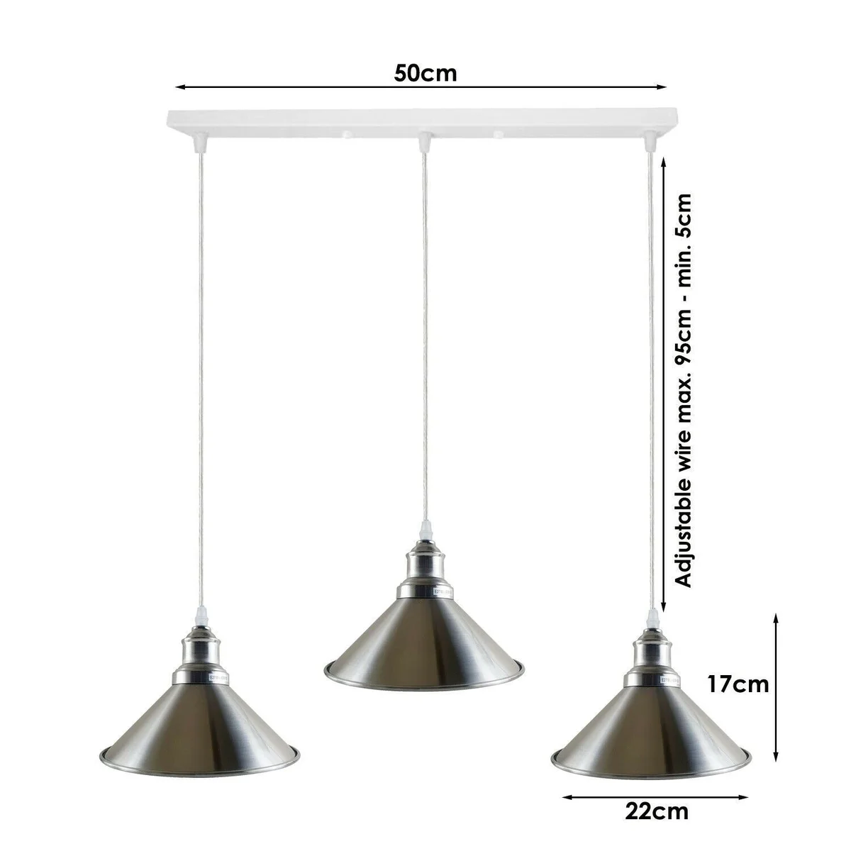Modern industrial 3‑way pendant with satin nickel metal cone shade light, white cable hanging from ceiling.