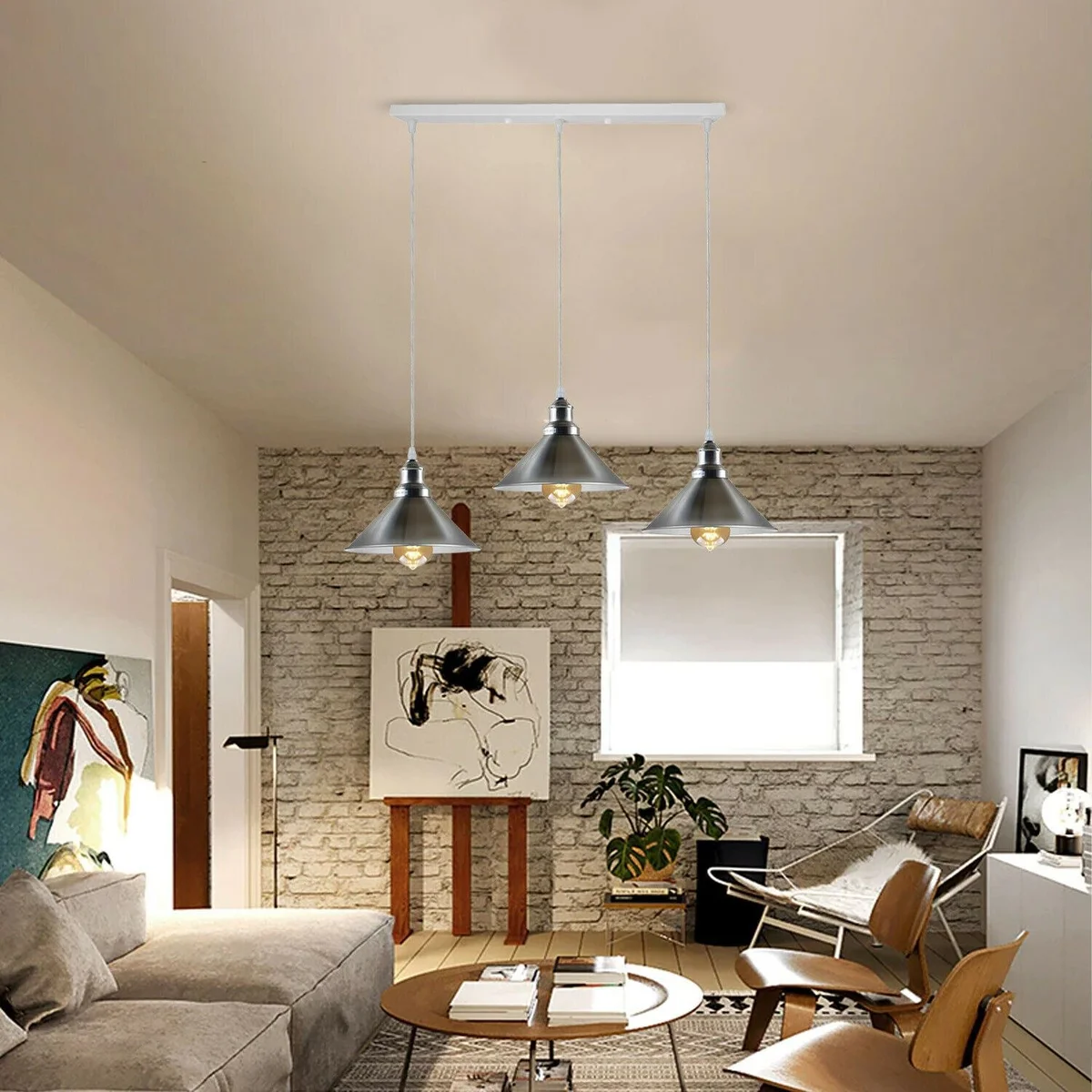 Satin nickel ceiling light hanging above, cone‑shaped metal shade with three light holders, 95 cm PVC cable, industrial style.