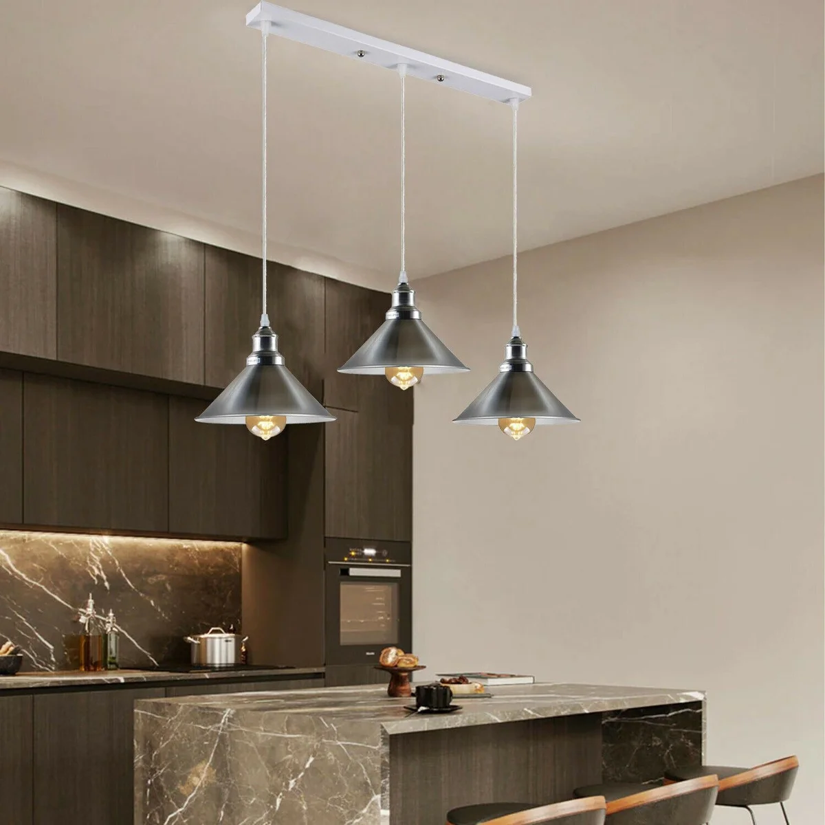 Indoor hanging light with satin nickel frame, white cone shade, E27 bases, 95cm PVC cable.