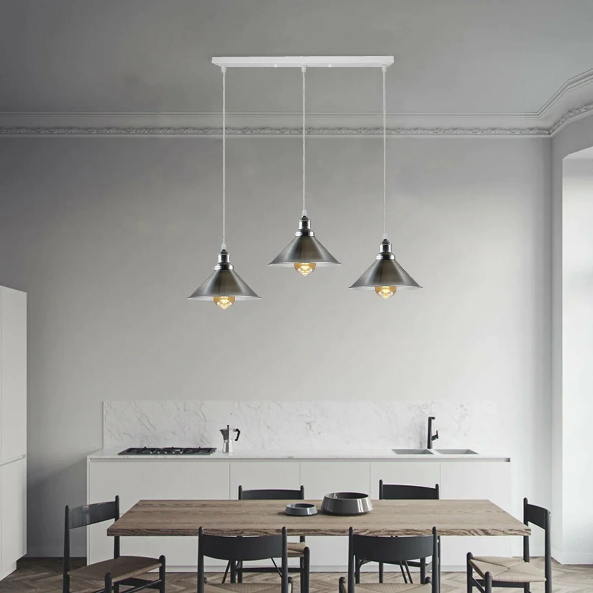 Modern 3‑way ceiling pendant light with satin nickel metal cone shades, white PVC cable, hanging 95cm